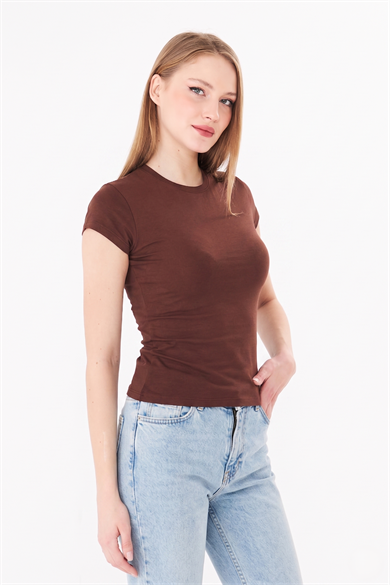 Bisiklet Yaka Pamuklu Fit Basic Tişört Kahverengi