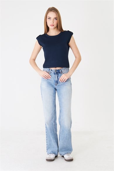 Apolet Detaylı Sıfır Kol Modal Crop Tshirt - Lacivert