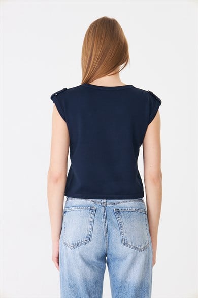 Apolet Detaylı Sıfır Kol Modal Crop Tshirt - Lacivert