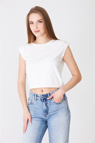 Apolet Detaylı Sıfır Kol Modal Crop Tshirt - Ekru