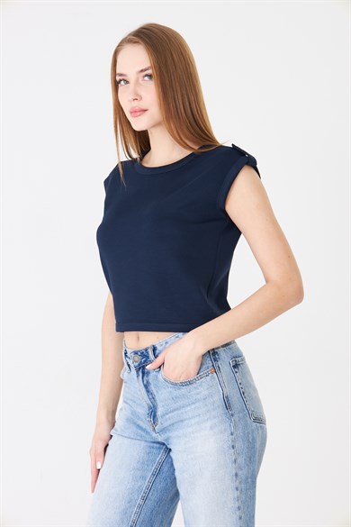Apolet Detaylı Sıfır Kol Modal Crop Tshirt - Lacivert