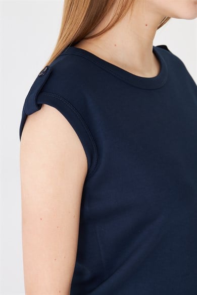 Apolet Detaylı Sıfır Kol Modal Crop Tshirt - Lacivert