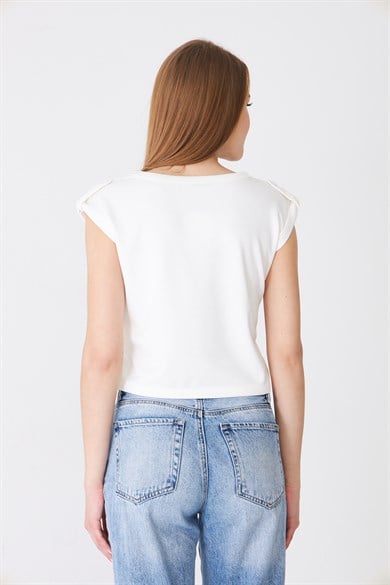 Apolet Detaylı Sıfır Kol Modal Crop Tshirt - Ekru