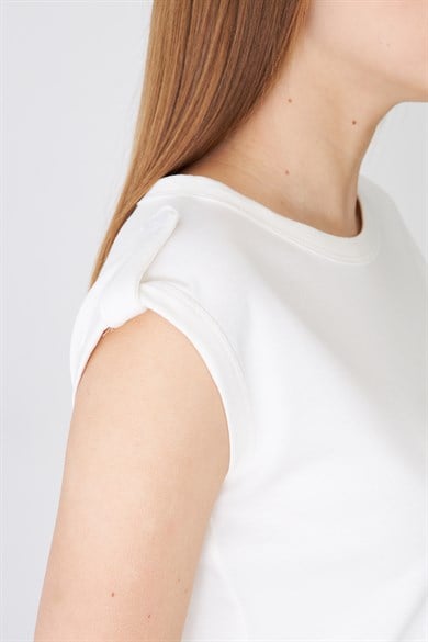 Apolet Detaylı Sıfır Kol Modal Crop Tshirt - Ekru
