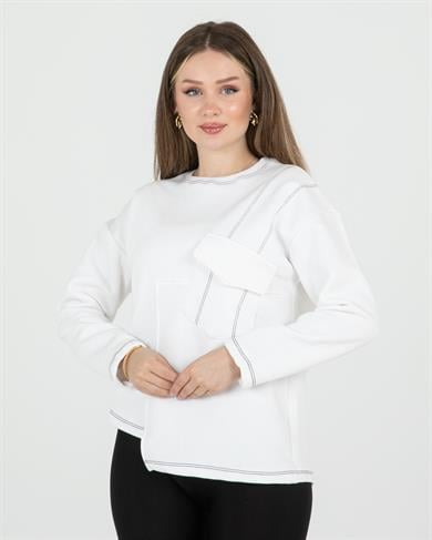 Asimetrik Cepli Üç İplik Sweat Ekru