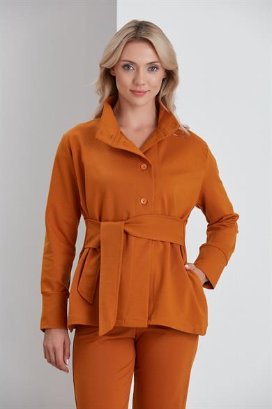 Beli Kuşaklı İki İplik Sweatshirt Ceket Tütün