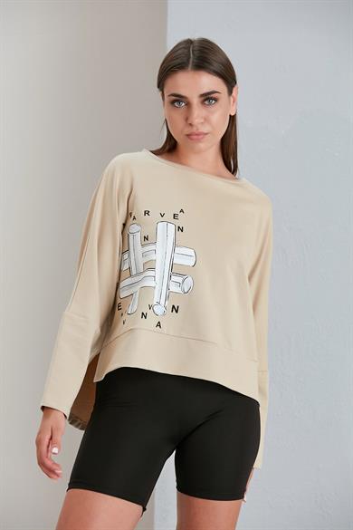 Bisiklet Yaka Baskılı  İki İplik Sweatshirt Kum