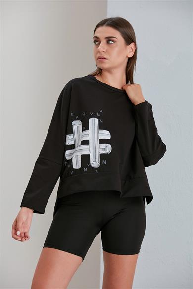 Bisiklet Yaka Baskılı  İki İplik Sweatshirt Siyah