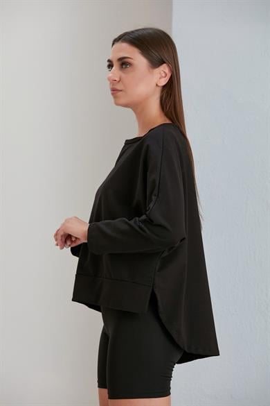 Bisiklet Yaka Baskılı  İki İplik Sweatshirt Siyah