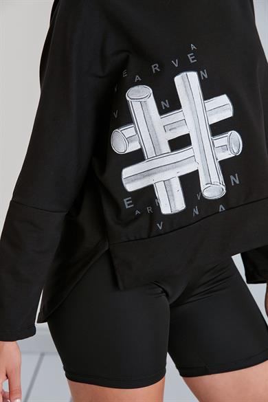 Bisiklet Yaka Baskılı  İki İplik Sweatshirt Siyah