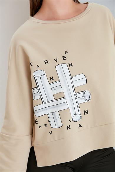 Bisiklet Yaka Baskılı  İki İplik Sweatshirt Kum
