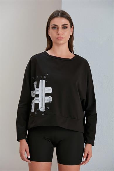 Bisiklet Yaka Baskılı  İki İplik Sweatshirt Siyah
