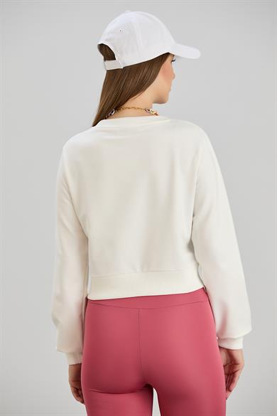 Bisiklet Yaka İki İplik Crop Sweat Ekru