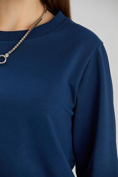 Bisiklet Yaka İki İplik Crop Sweat İndigo