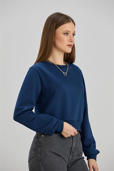 Bisiklet Yaka İki İplik Crop Sweat İndigo
