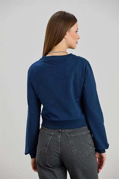 Bisiklet Yaka İki İplik Crop Sweat İndigo