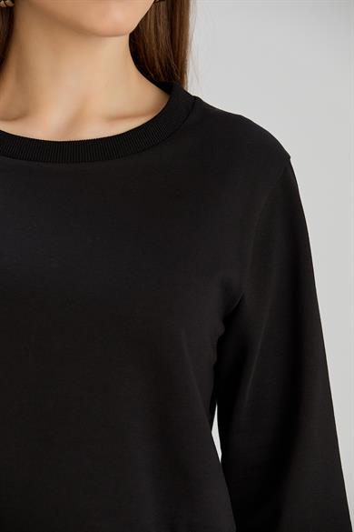 Bisiklet Yaka İki İplik Crop Sweat Siyah