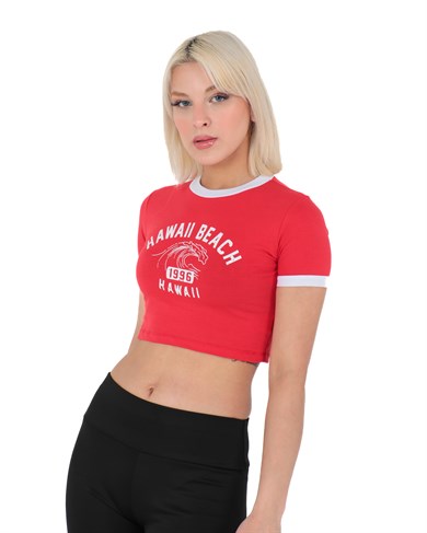 Bisiklet Yaka Önü Baskılı Pamuklu Crop Tişört Kırmızı