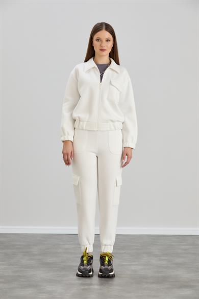 Cepli Fermuarlı Sweat Takım Ekru