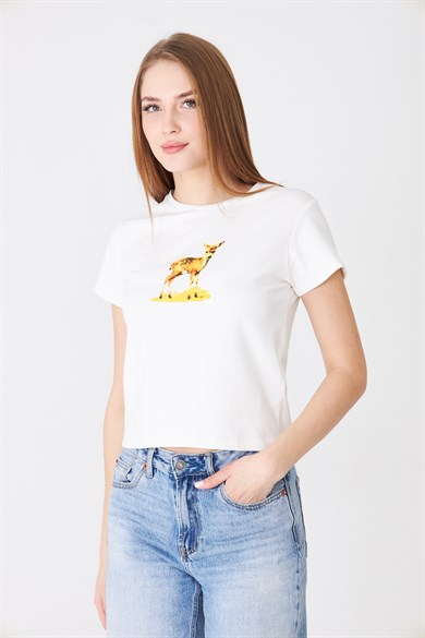 680 - Geyik Baskılı T-Shirt Ekru