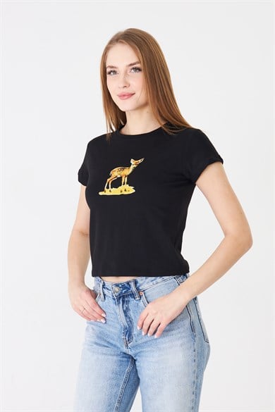 680 - Geyik Baskılı T-Shirt Siyah
