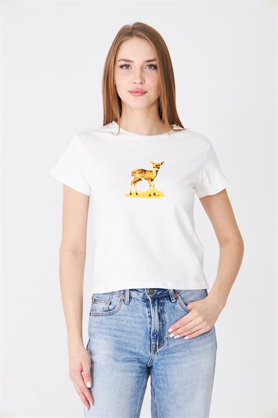 680 - Geyik Baskılı T-Shirt Ekru