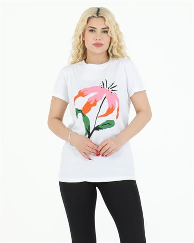 Çiçek Baskılı Tshirt Beyaz