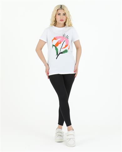 Çiçek Baskılı Tshirt Beyaz