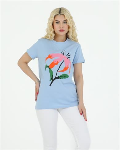 Çiçek Baskılı Tshirt Mavi