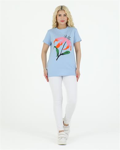 Çiçek Baskılı Tshirt Mavi