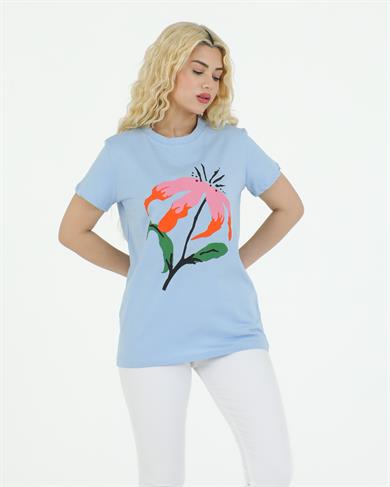 Çiçek Baskılı Tshirt Mavi