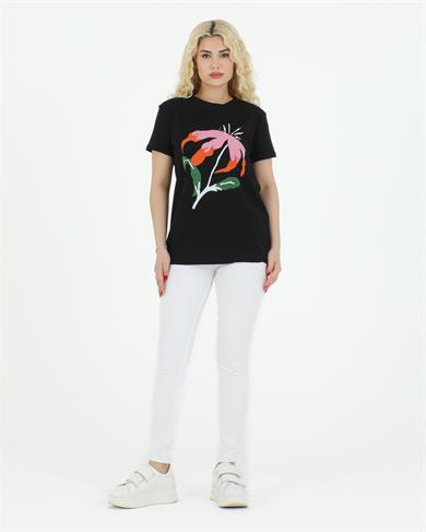 Çiçek Baskılı Tshirt Siyah