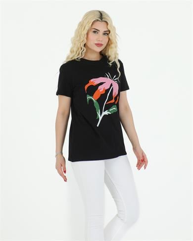 Çiçek Baskılı Tshirt Siyah