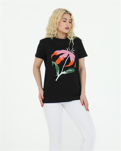 Çiçek Baskılı Tshirt Siyah