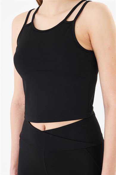 Çift Askılı Toparlayıcı Spor Crop Atlet Siyah