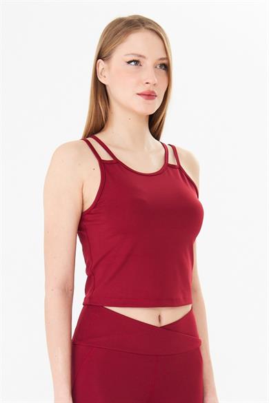Çift Askılı Toparlayıcı Spor Crop Atlet Bordo