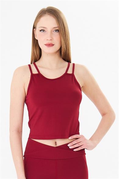 Çift Askılı Toparlayıcı Spor Crop Atlet Bordo