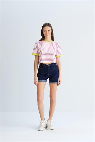 Çizgili Crop Tshirt Pembe
