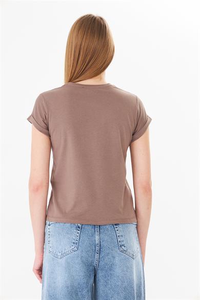 Dantel Cepli Yazı Baskılı Katlama Kollu Tshirt Kahverengi