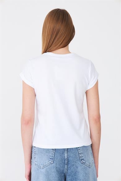 Dantel Cepli Yazı Baskılı Katlama Kollu Tshirt Ekru