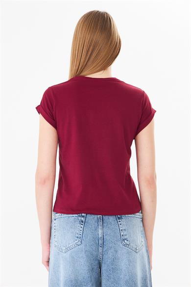 Dantel Cepli Yazı Baskılı Katlama Kollu Tshirt Bordo