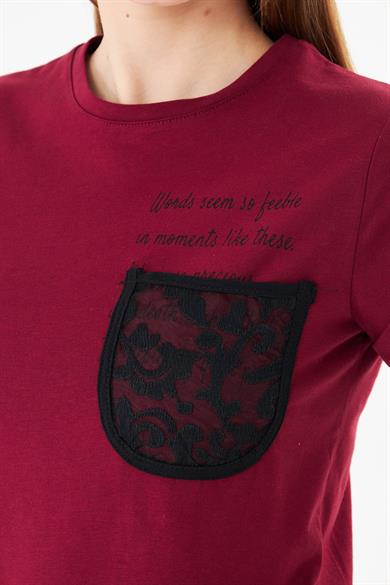 Dantel Cepli Yazı Baskılı Katlama Kollu Tshirt Bordo