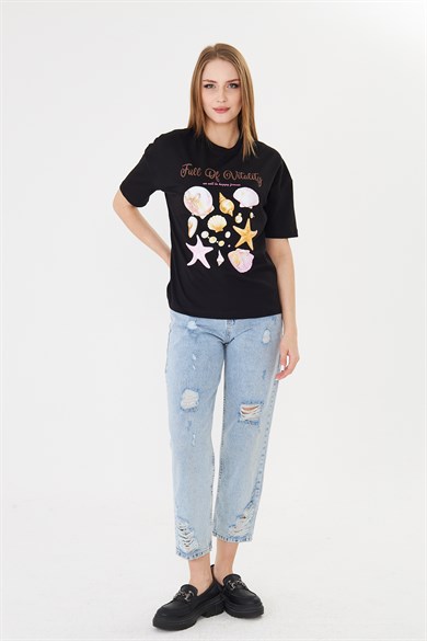 Deniz Kabukğu Baskılı Tshirt Siyah