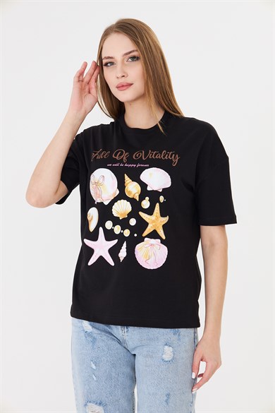 Deniz Kabukğu Baskılı Tshirt Siyah