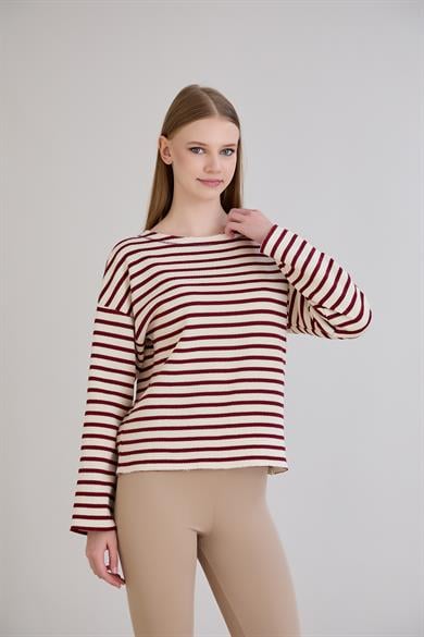 Dikiş Detay Çizgili Sweatshirt Bordo