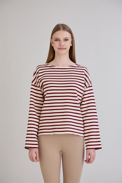 Dikiş Detay Çizgili Sweatshirt Bordo
