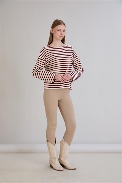 Dikiş Detay Çizgili Sweatshirt Bordo