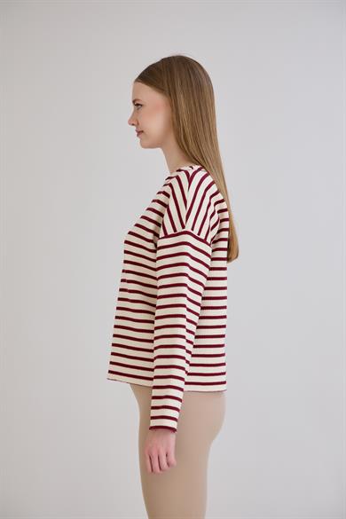 Dikiş Detay Çizgili Sweatshirt Bordo
