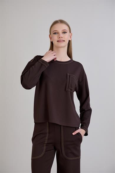Dikiş Detay Modal Sweat Takım Kahverengi