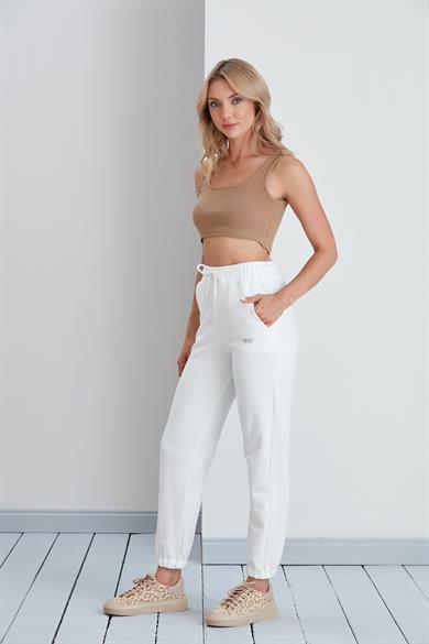 Düz Model Lastikli Paça Penye Eşofman Altı Ekru